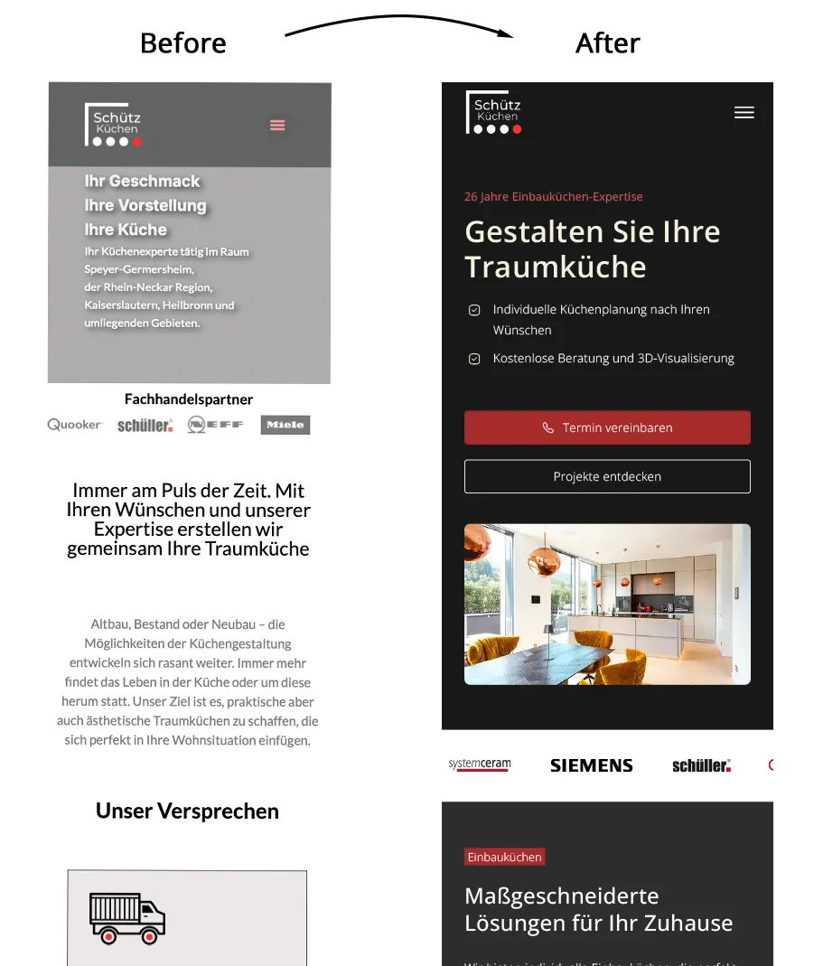 Side-by-side comparison of outdated and updated website designs for Schütz Küchen, a German kitchen expertise company; left light gray section includes logo, personal taste and kitchen planning text, partner logos; right dark black section highlights 26 years of built-in kitchen expertise, dream kitchen customization checkboxes, appointment button, and a photo of a modern kitchen with yellow chairs and copper pendant lights; additional elements include promise section with truck icon and tailored home solutions headline.